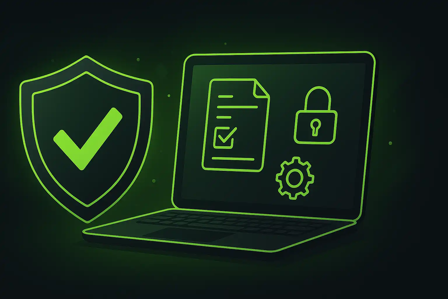 Office desk with a laptop showing casino licensing documents and a security shield icon
